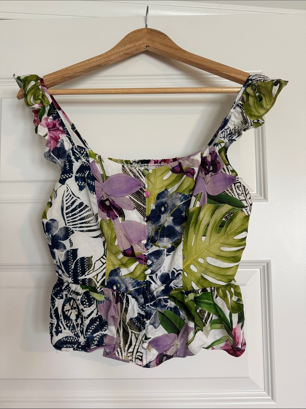 Guess- Floral Tropical Ruffled Strap Women’s Crop Top - White, Green & Lavender